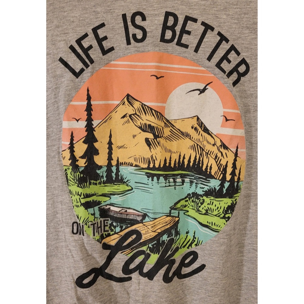 Wound Up Womens Gray Graphic T Shirt Life is Better on the Lake Mountains XL